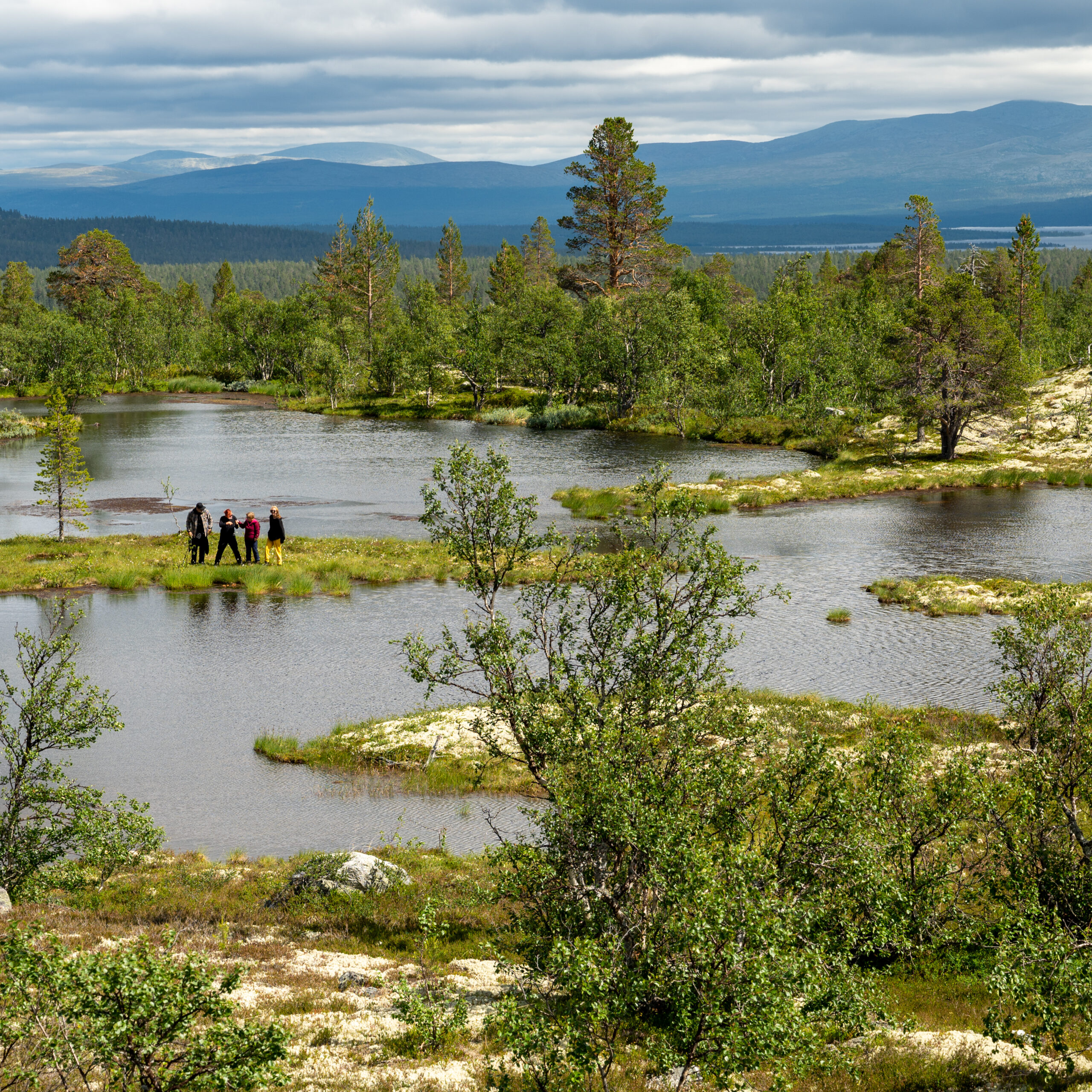 Fjellandskap med skog, små vann og tre personer i forgrunnen