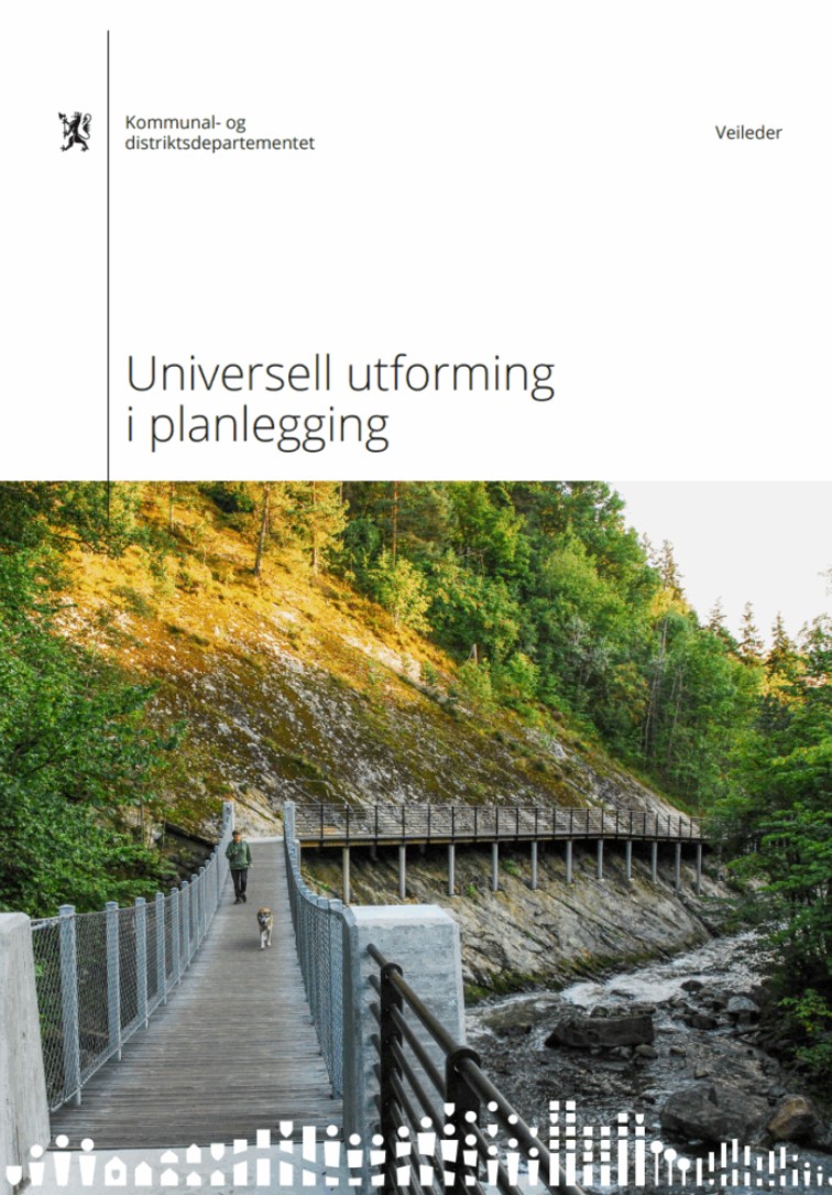 UU i planlegging forsidebilde av en person og en hund som går over en bru som går langs en bergvegg og over en elv