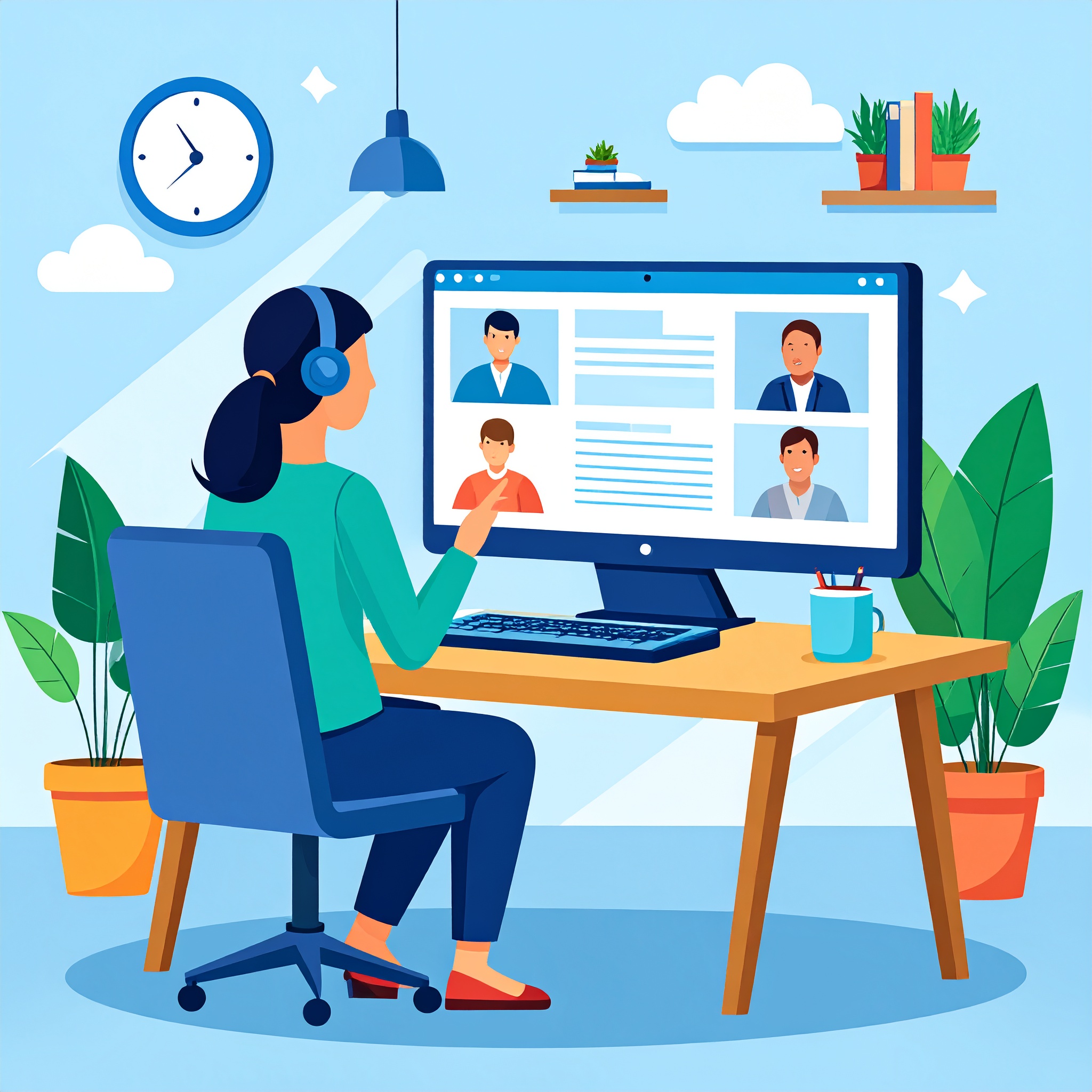 Webinar illustration of a person sitting at a desk with a screen and earphones. On the screen there is an illustration of four people, the image is AI generated.