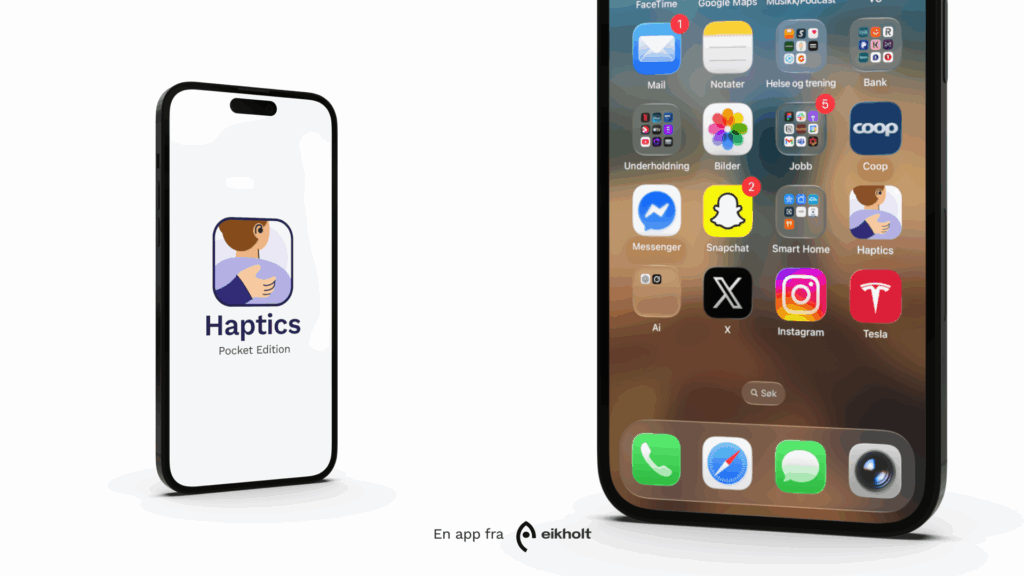 Bilde av en telefon med mange apper og ikonet for Haptics Pocket Edition.