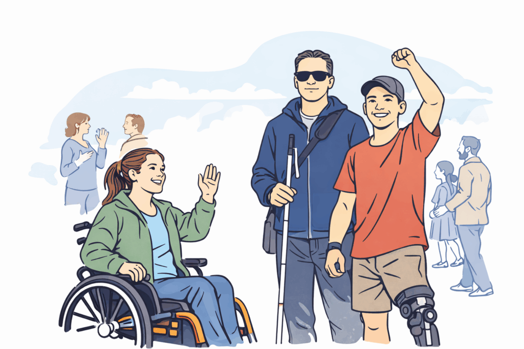 Illustrasjon av mennesker med ulike funksjonsvariasjoner som ser glade ut.