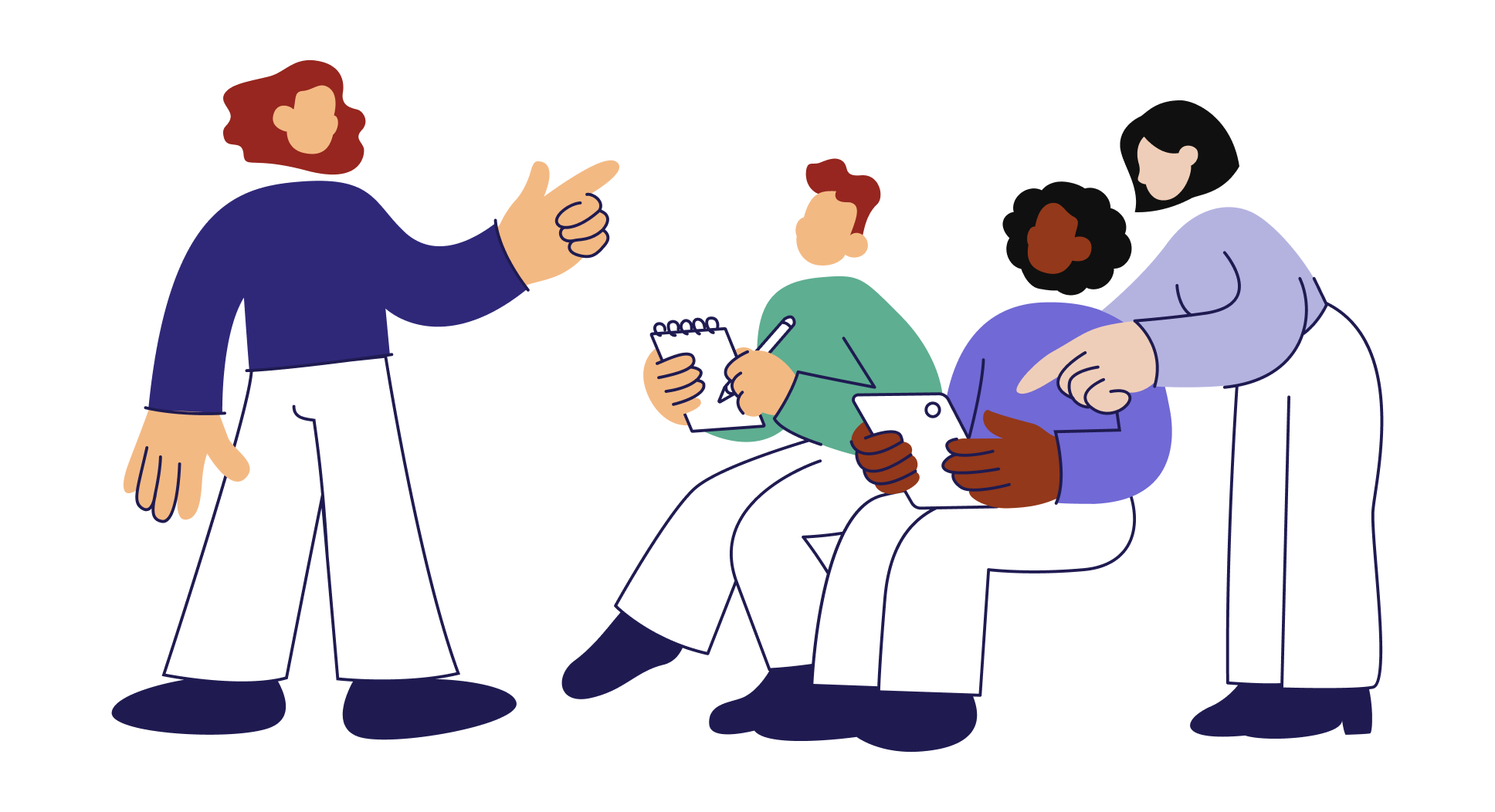 Illustration of a person standing in front of three others and teaching. Two people are sitting, one is holding a notepad, the other a tablet. The latter is receiving haptic signals on their back from someone standing next to them.