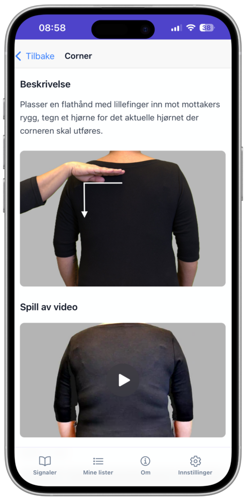 Skjermbilde av signalet "Corner" med tekstbeskrivelse, bilde og video.