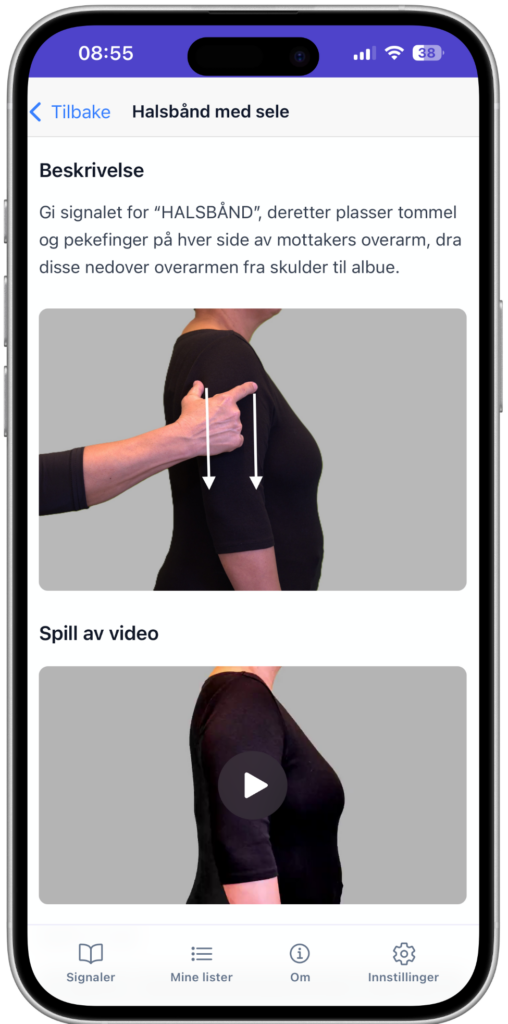 Skjermbilde av signalet "Halsbånd med sele" med tekstbeskrivelse, bilde og video.
